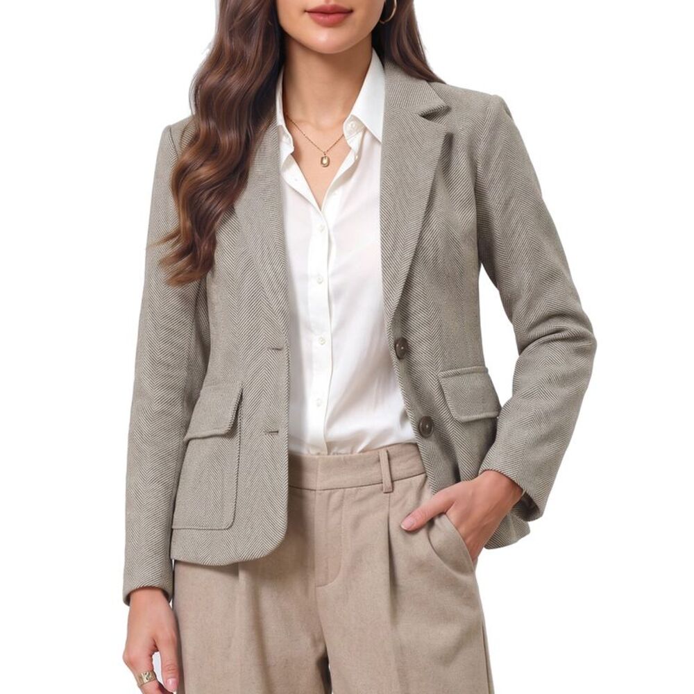 Women Blazers Herringbone Tweed Business Casual Suit Jackets Brown
